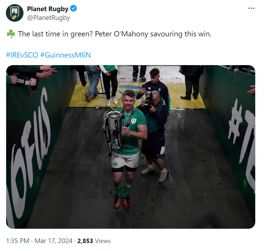 Planet Rugby's tweet on March 17 about Peter O'Mahony. /@PlanetRugby 