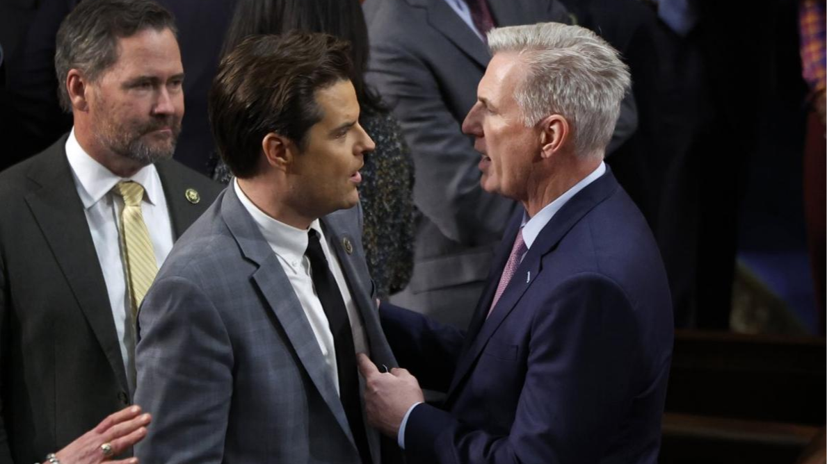 Then House Speaker Kevin McCarthy (R) talks to Representative Matt Gaetz in the House Chamber of the U.S. Capitol, January 6, 2023. /GETTY