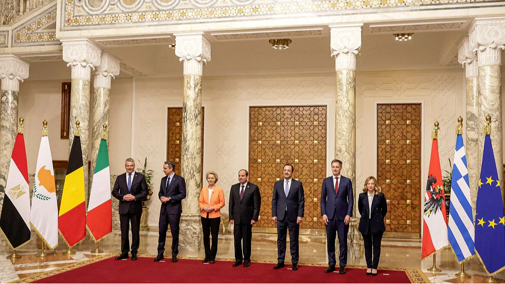 This handout picture provided by the Cypriot government's Press and Information Office (PIO) shows (L to R) Austria's Chancellor Karl Nehammer, Greece's Prime Minister Kyriakos Mitsotakis, European Commission President Ursula von der Leyen, Egypt's President Abdel Fattah al-Sisi, Cyprus' President Nikos Christodoulides, Belgium's Prime Minister Alexander De Croo, and Italy's Prime Minister Giorgia Meloni posing for a photograph during their summit in Cairo on March 17, 2024. /CFP