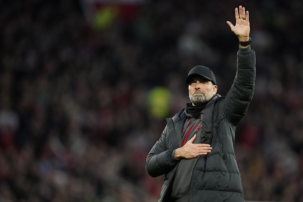 Liverpool manager Jurgen Klopp greets supporters after their clash with Manchester United at Old Trafford in Manchester, England, March 17, 2024. /CFP