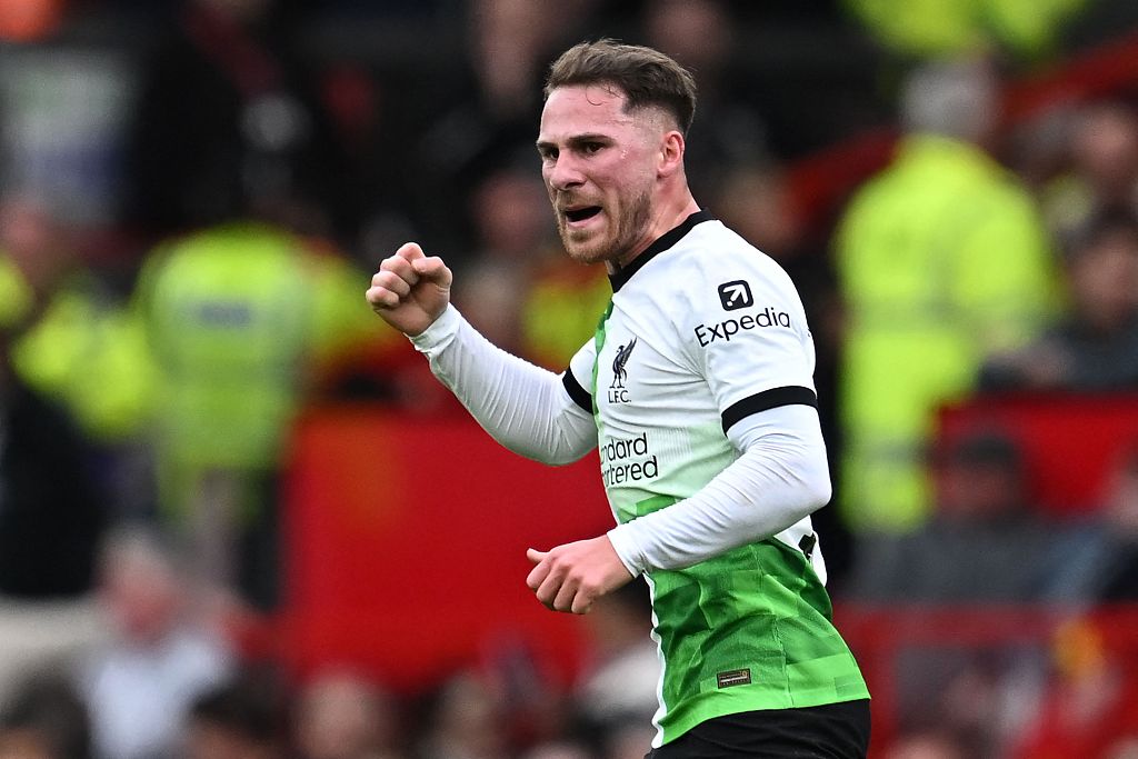 Liverpool's Alexis Mac Allister reacts after scoring their first goal during their clash with Manchester United at Old Trafford in Manchester, England, March 17, 2024. /CFP