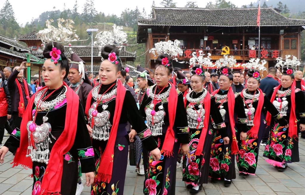 Women dressed in traditional costumes of the Miao ethnic group are pictured during the Zhaolong Festival held in Xiaodanjiang Miao Ethnic Village in Rongjiang County, southwest China's Guizhou Province on March 17, 2024. /CFP