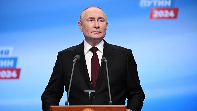 The Russian presidential candidate and incumbent President Vladimir Putin speaks to the media at the campaign headquarters, in Moscow, Russia, March 18, 2024. /CFP