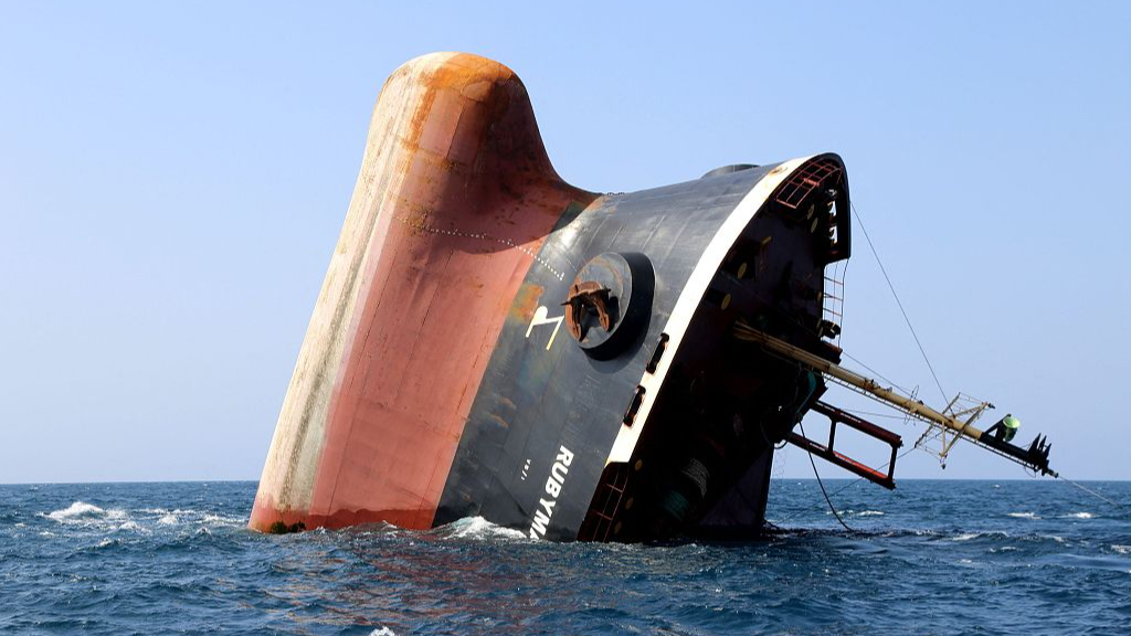 The Rubymar cargo ship partly submerged off the coast of Yemen after a Houthi missile attack, March 7, 2024. /CFP