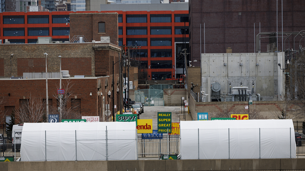 White tents sit at the city's migrant landing zone in Chicago, Illinois, U.S., March 18, 2024. /CFP