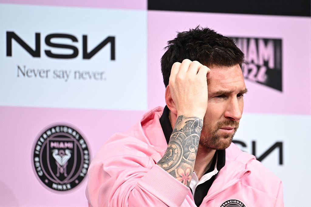 Lionel Messi reacts after taking a question about his team's previous match in China's Hong Kong, during a press conference in Tokyo, Japan, February 6, 2024. /CFP