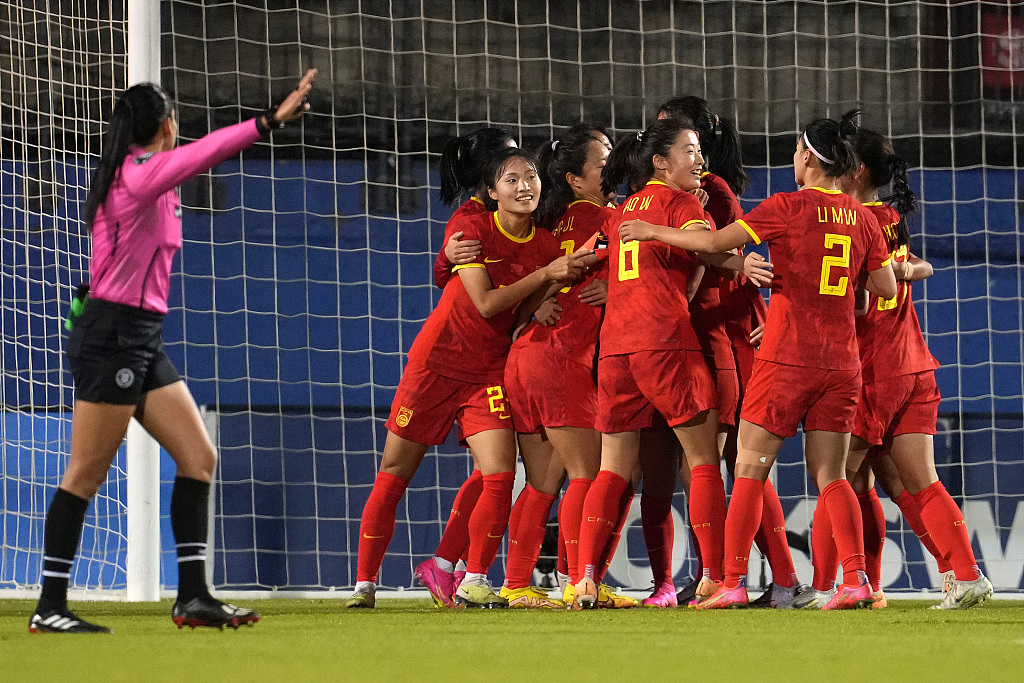 Players of China Women's National Football Team celebrate after a goal from Shen Mengyu (#9) during a friendly match between China and the United States at Toyota Stadium in Frisco, U.S., December 5, 2023. /CFP 