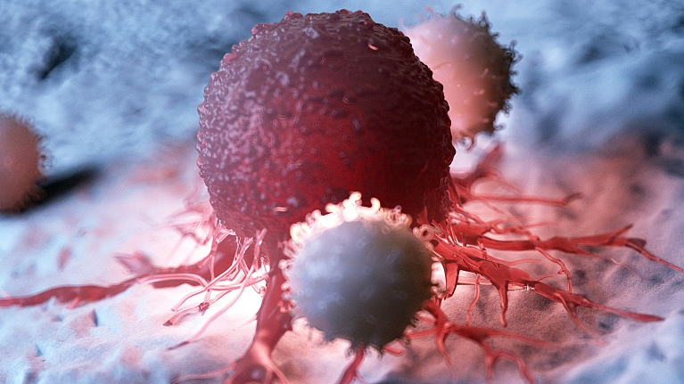 An illustration of white blood cells attacking a cancer cell. /CFP 