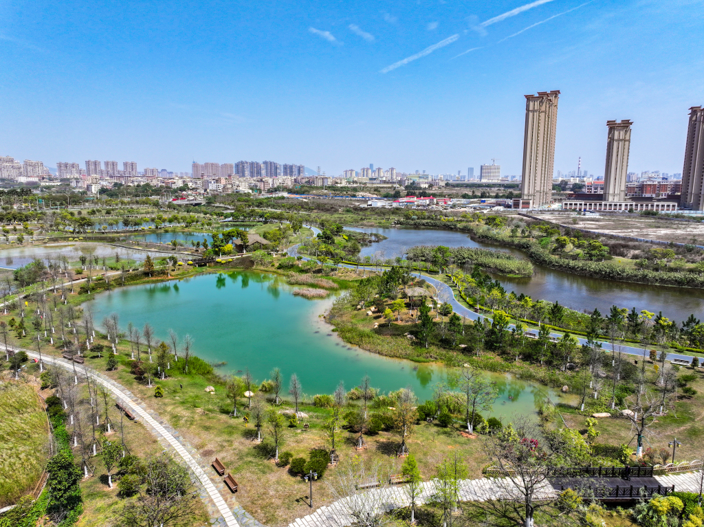The Maluanwan Shuangxi Wetland Park in Xiamen City in east China's Fujian Province opened on March 20. Covering 770,000 square meters, the park has seven artificial ecological islets blanketed with lush vegetation, offering suitable habitats to various migratory birds. /CFP