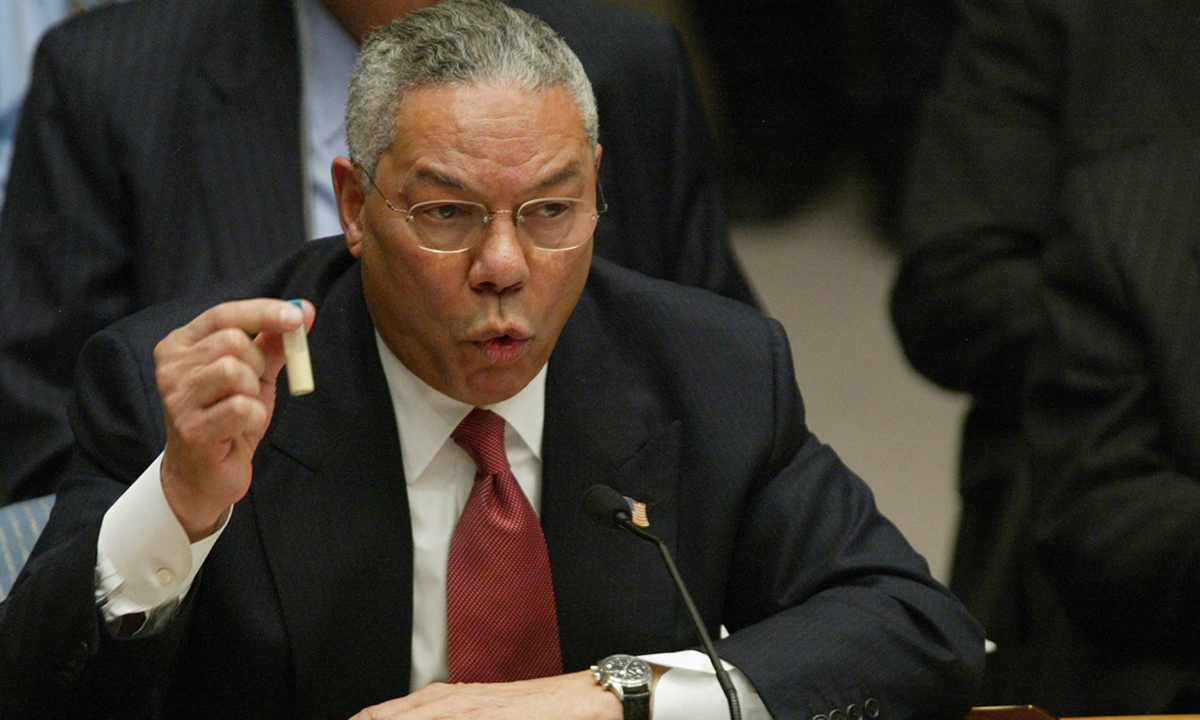 Then U.S. secretary of state Colin Powell holds up a vial of what was later found to be washing powder as evidence of 