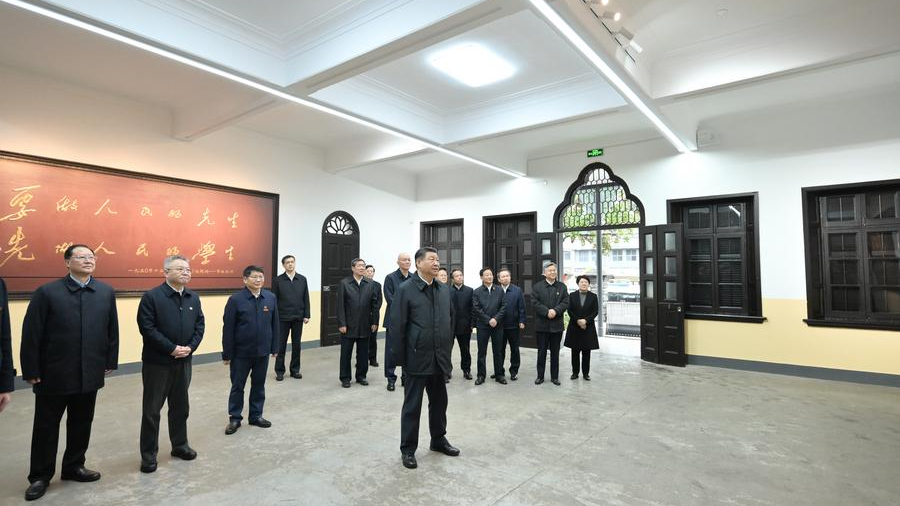Chinese President Xi Jinping, also general secretary of the Communist Party of China Central Committee and chairman of the Central Military Commission, visits a campus of Hunan First Normal University, and learns about the university's efforts in putting resources related to the Party's heritage to great use and its adherence to fostering virtue through education, in Changsha, central China's Hunan Province, March 18, 2024. /Xinhua