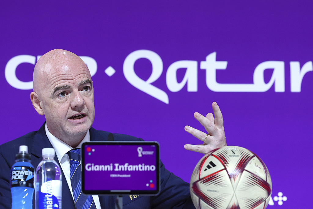 File photo of FIFA President Gianni Infantino speaking at a press conference in Doha, Qatar, on December 16, 2022. /CFP