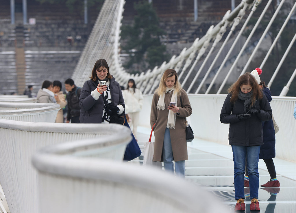 Foreign tourists visiting Zhangjiajie in Hunan Province, China, Jan. 26 2024. /CFP