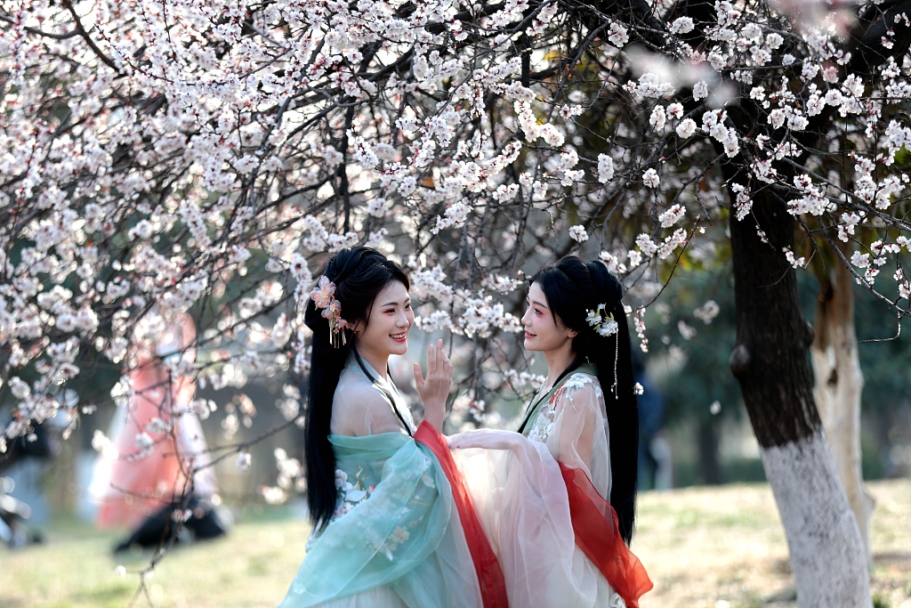 In this photo taken in March 2024, hanfu enthusiasts pose for a picture against a backdrop of flowers. /CFP