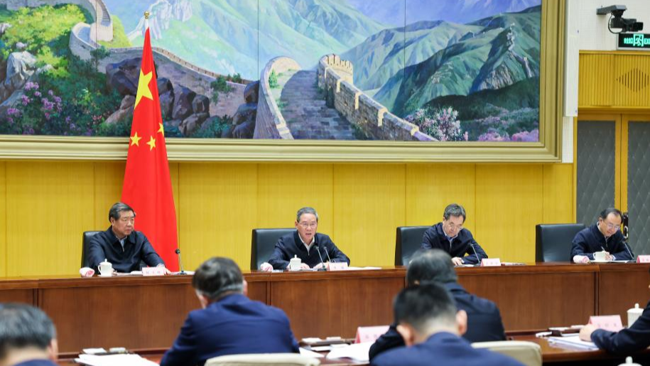 Chinese Premier Li Qiang speaks at a video conference on promoting the prevention and resolution of local government debt risks on March 22, 2024./ Xinhua/Liu Bin