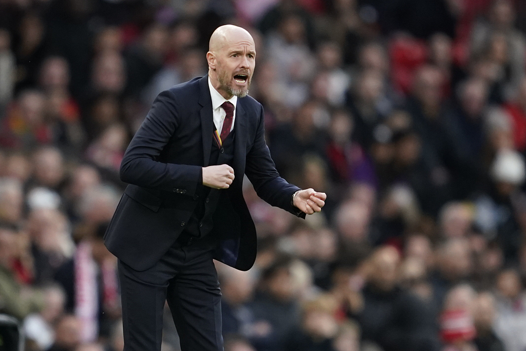 Erik ten Hag, manager of Manchester United, looks on during the FA Cup quarterfinals against Liverpool at Old Trafford in Manchester, England, March 17, 2024. /CFP