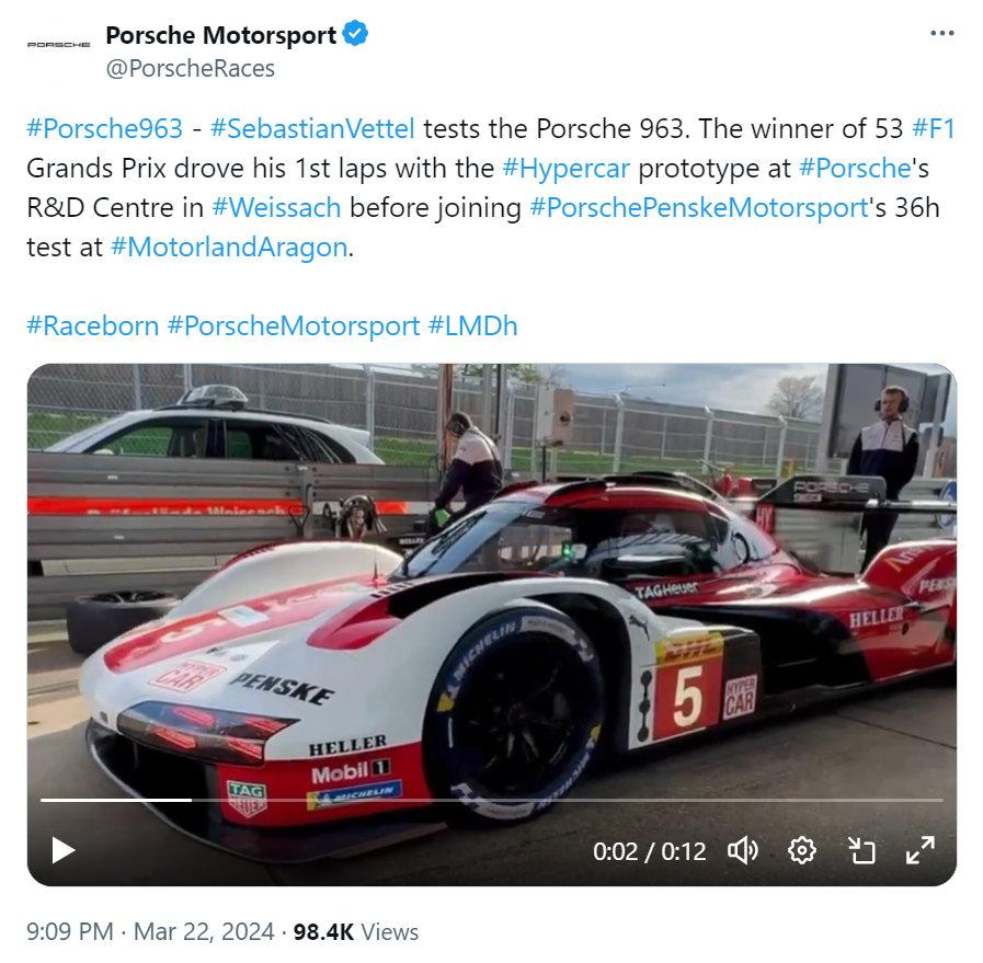 Porsche Motorsport's tweet on March 22 about Sebastian Vettel. /@PorscheRaces