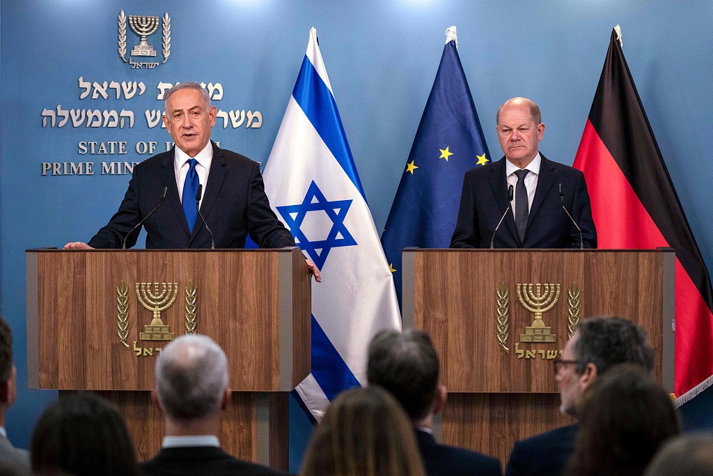 Israeli Prime Minister Benjamin Netanyahu (L) attends a joint press conference with the German Chancellor Olaf Scholz after their meeting in Jerusalem, Israel, March 17, 2024. Netanyahu said that any Gaza peace deal that weakens Israel and leaves it unable to defend itself against hostile neighbors would be unacceptable. /CFP