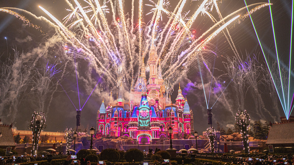 A photo taken on March 8, 2024 shows a view of fireworks at Shanghai Disneyland, China. /CFP