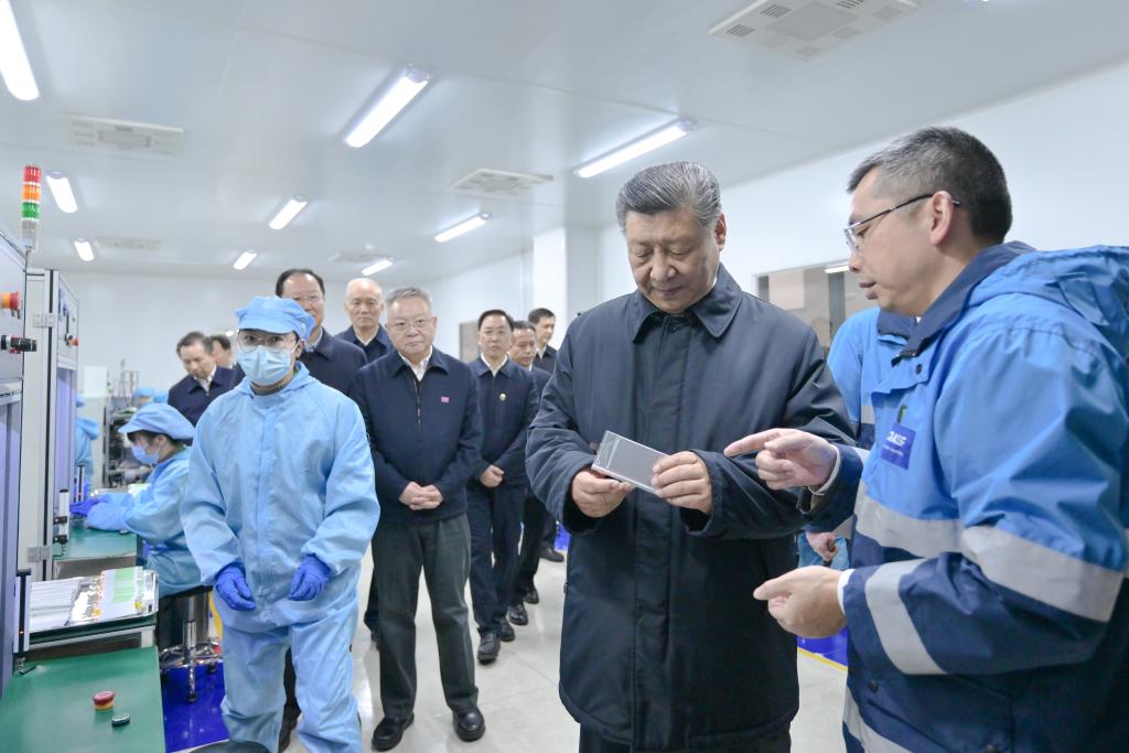 Chinese President Xi Jinping, also general secretary of the Communist Party of China Central Committee and chairman of the Central Military Commission, visits a battery materials joint venture and learns about local endeavor to accelerate the development of new quality productive forces and promote high-standard opening up, in Changsha, central China's Hunan Province, March 18, 2024. /Xinhua