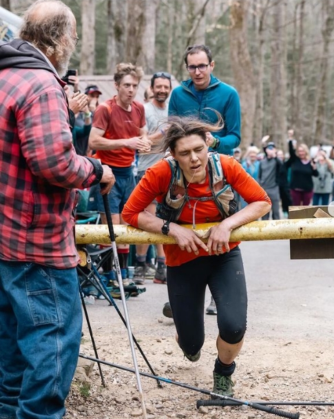 Jasmin Paris reacts after completing the Barkley Marathons in Frozen Head State Park, Tennessee, U.S., March 22. /Athletics Weekly