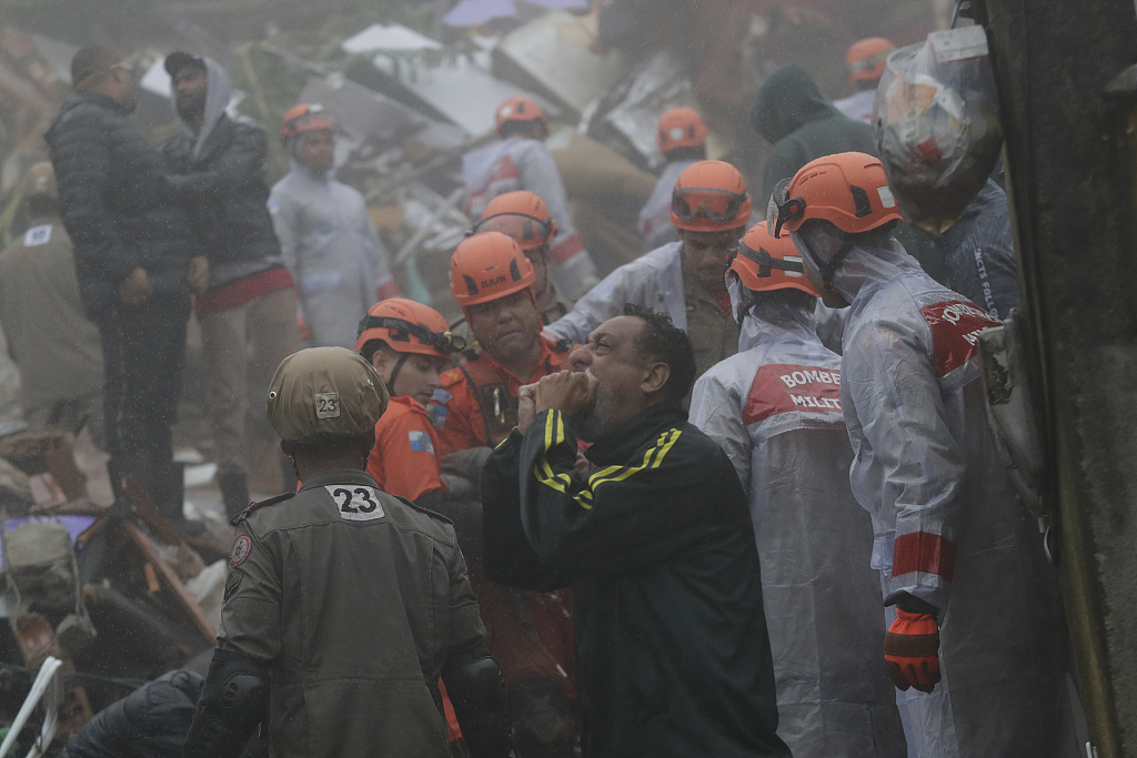A relative reacts as rescue workers save a 4-year-old girl who was rescued from her collapsed house after heavy rains in Petropolis, Rio de Janeiro, Brazil, March 23, 2024. /CFP