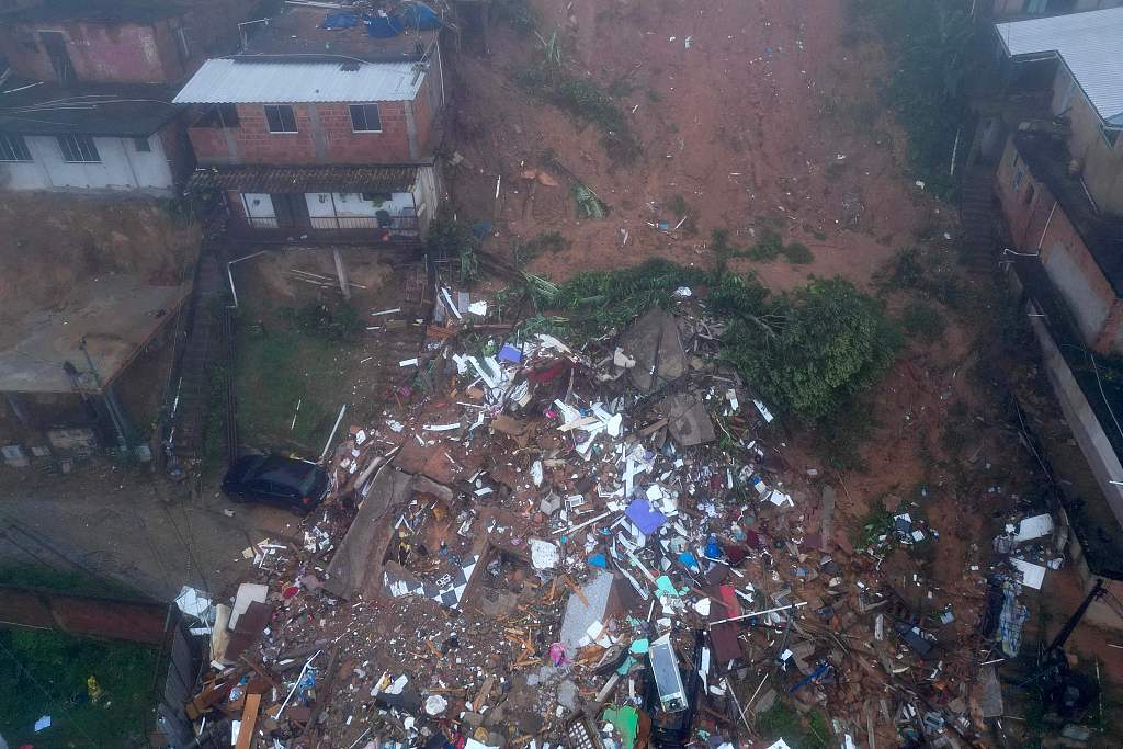 Aerial view showing rubble of houses destroyed due to heavy rains in Petropolis, Brazil, March 23, 2024. /CFP