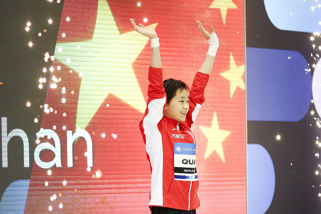 China's Quan Hongchan reacts after winning the women's 10m platform final during the Diving World Cup in Berlin, Germany, March 24, 2024. /CFP