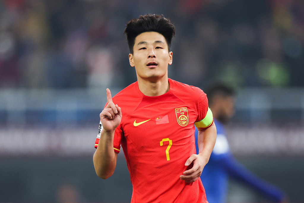 Wu Lei of China celebrates after scoring the opening goal during the 2026 FIFA World Cup qualifier between China and Singapore in Tianjin, China, March 26, 2024. /CFP 