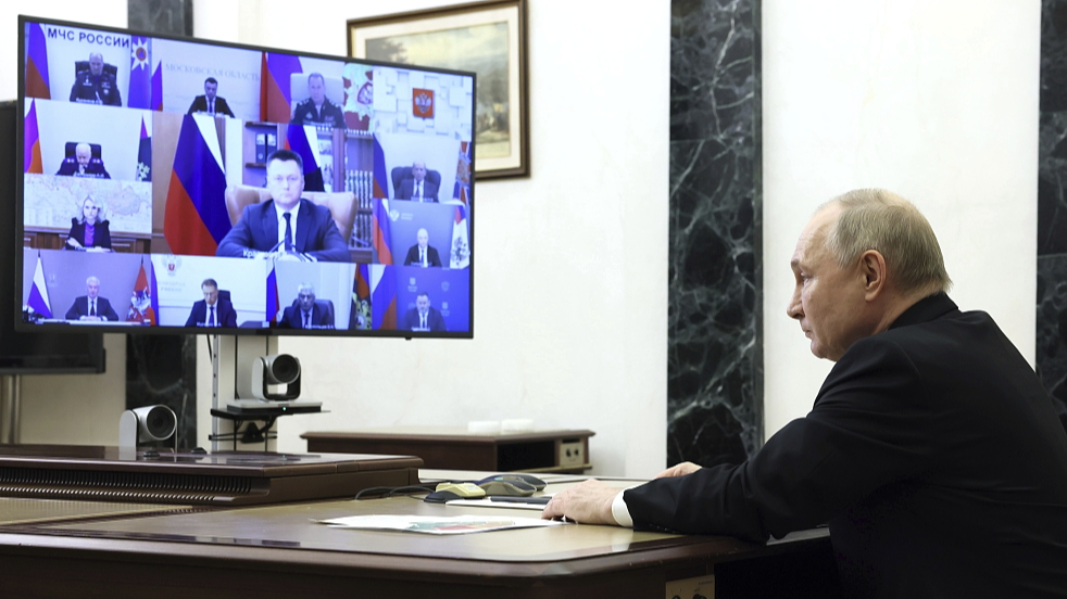Russian President Vladimir Putin chairs a meeting discussing measures in response to the terrorist attacks at the Crocus City Hall concert venue, via a video conference at the Novo-Ogaryovo state residence, outside Moscow, Russia, March 25, 2024. /CFP
