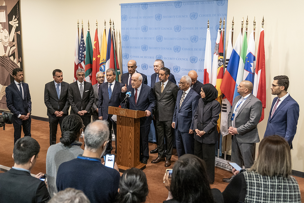 Ambassador Riyad Mansour of Palestine speaks to press after a UNSC meeting and voting on a resolution on the Israel and Gaza conflict at the UN Headquarters in New York, March 25, 2024. /CFP