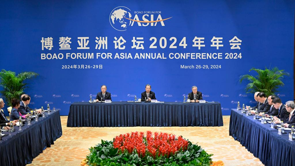 Zhao Leji, chairman of the National People's Congress (NPC) Standing Committee, meets with members of the Boao Forum for Asia (BFA) board of directors and some representatives of the BFA council of advisors as well as strategic partners in Boao, south China's Hainan Province, March 27, 2024. /Xinhua