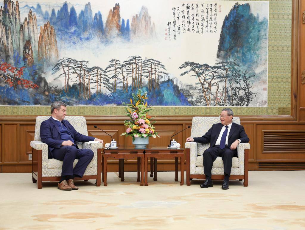 Chinese Premier Li Qiang meets with Markus Soeder, minister-president of Bavaria, Germany, at the Diaoyutai State Guesthouse in Beijing, China, March 27, 2024. /Xinhua