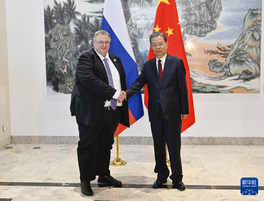 Zhao Leji (R) meets with Russian Deputy Prime Minister Alexey Overchuk in Boao, China's Hainan Province, March 28, 2024. /Xinhua
