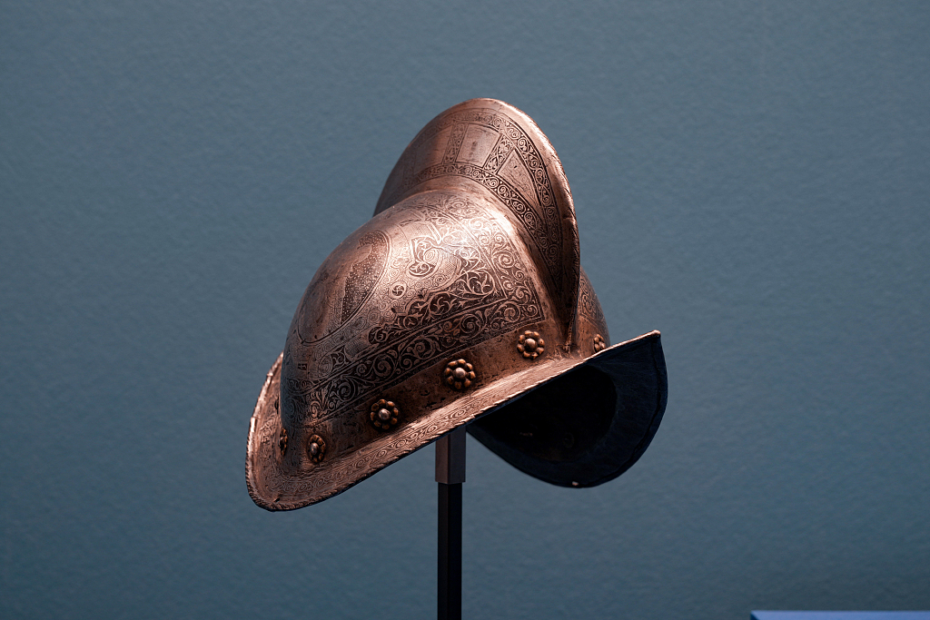 A photo taken on March 28, 2024 shows a Roman-era helmet on display at the Henan Museum in Zhengzhou. /CFP