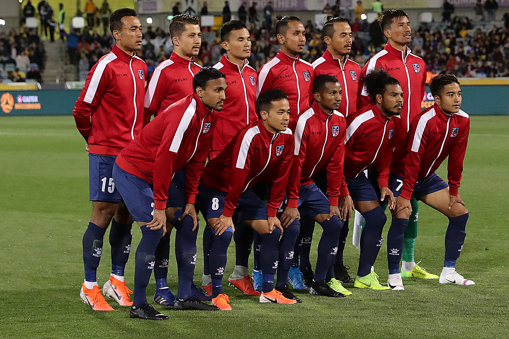 Nepal players line up prior to the FIFA World Cup Qatar 2022 and AFC Asian Cup China 2023 preliminary joint qualification Round 2 match against Australia at the GIO Stadium in Canberra, Australia, on October 10, 2019. /CFP