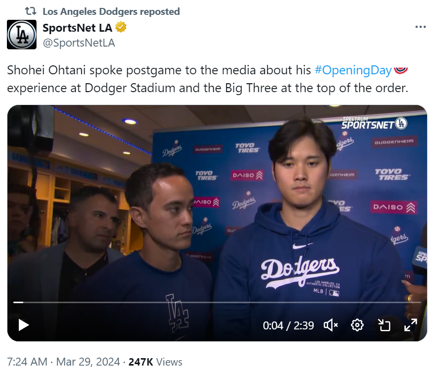 SportsNet LA's tweet on March 29, retweeted by Los Angeles Dodgers, about Shohei Ohtani. /@SportsNetLA