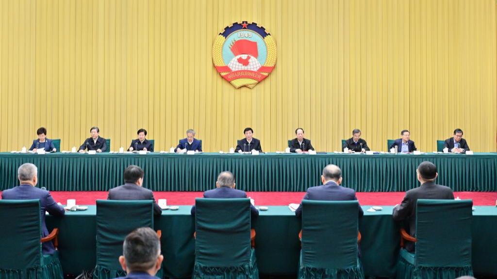 Wang Huning, a member of the Standing Committee of the Political Bureau of the Communist Party of China Central Committee and chairman of the Chinese People's Political Consultative Conference (CPPCC) National Committee, presides over a biweekly consultation session held by the CPPCC National Committee in Beijing, China, March 29, 2024. /Xinhua