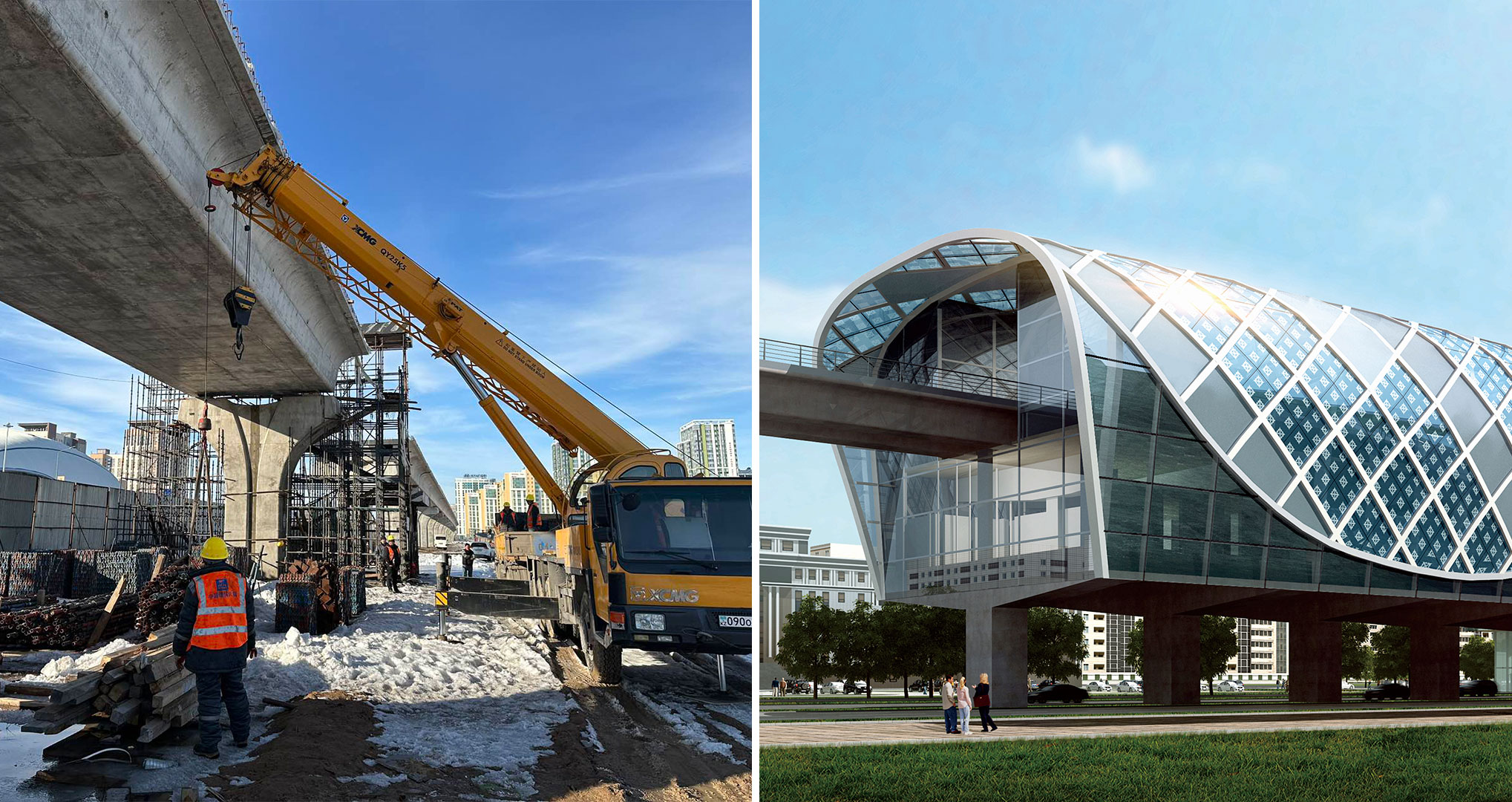 The construction site (L) and 3D design (R) images of the Astana LRT. project. /CCSEB
