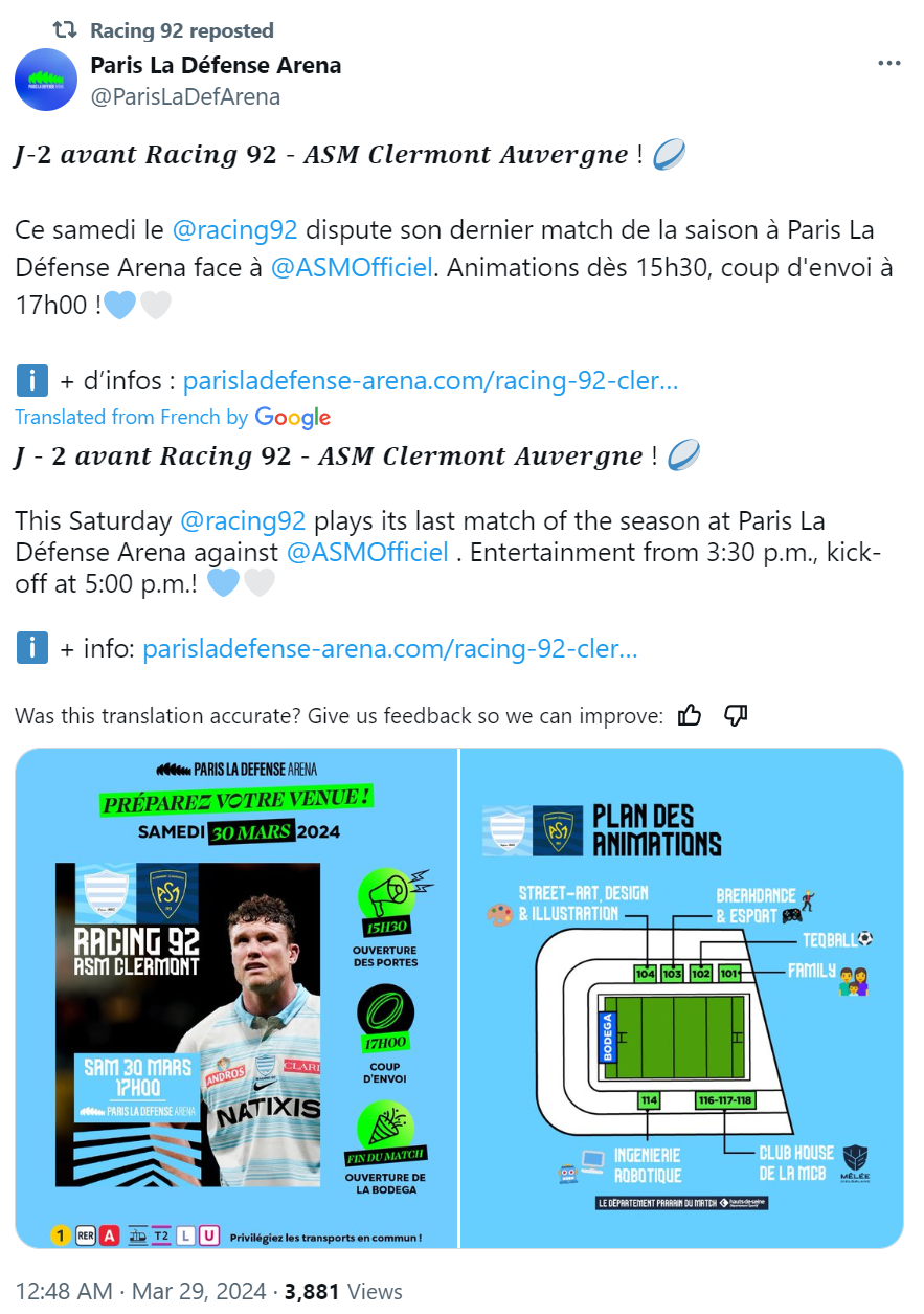 A tweet by Paris La Defense Arena on March 29 about the game between Racing 92 and Clermont. /@ParisLaDefArena