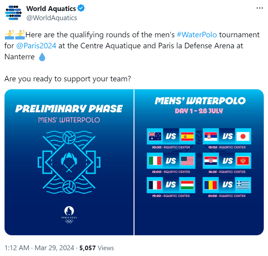 A tweet from World Aquatics on March 29 about the Paris La Defense Arena. /@WorldAquatics 