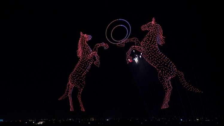 An aerial show by drones concludes the 28th Dubai World Cup at Meydan Racecourse in Dubai, the UAE, March 30, 2024. /CGTN