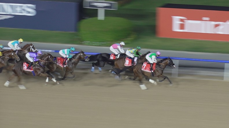 Laurel River takes the lead at the Dubai World Cup held at Meydan Racecourse in Dubai, the UAE, March 30, 2024. /CGTN