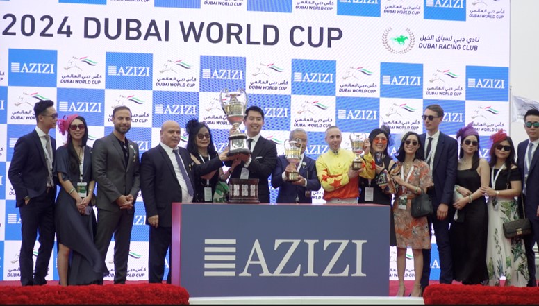 The award ceremony was held for the champion of the Al Quoz Sprint as California Spangle from China's Hong Kong clinched the title at Meydan Racecourse in Dubai, the UAE, March 30, 2024. /CGTN
