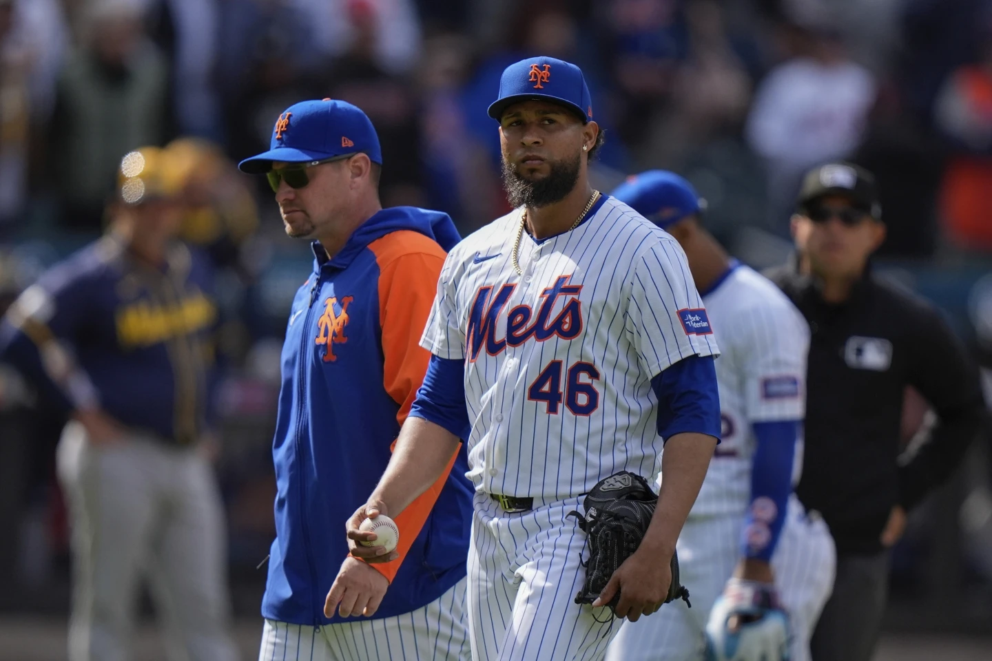 Yohan Ramirez (#46), relief pitcher for the New York Mets, looks on in the game against the Milwaukee Brewers at Citi Field in New York City, March 30, 2024. /AP
