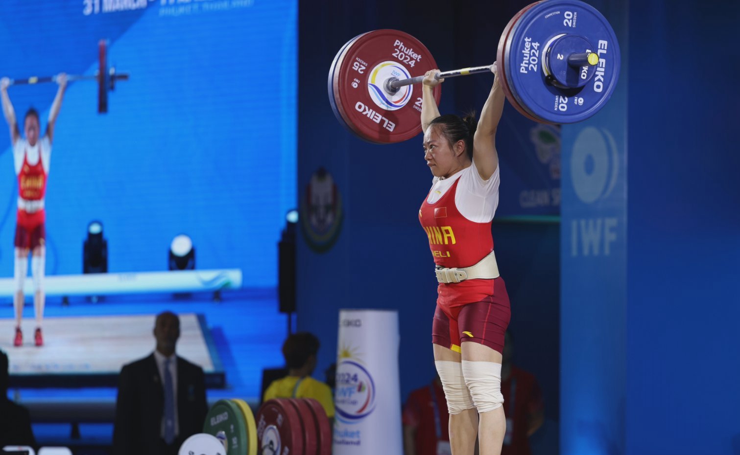 China's Jiang Huihua during the women's 49 kg final at the IWF World Cup in Phuket, Thailand, April 1, 2024. /CFP