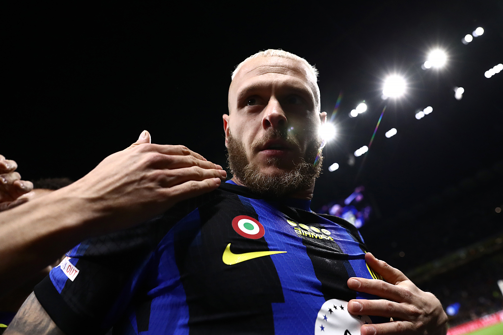  Inter Milan's Federico Dimarco reacts after scoring during their clash with Empoli at the San Siro Stadium in Milan, Italy, April 1, 2024. /CFP