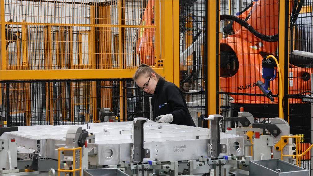 An employee works on a battery box production line of a joint venture set up by France's Renault group and Chinese automotive supplier Minth Group in Ruitzin, France, February 23, 2024. /Xinhua