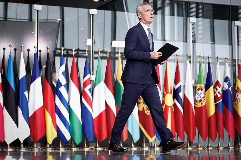 NATO Secretary General Jens Stoltenberg arrives to give a statement ahead of a NATO foreign ministers' meeting at NATO headquarters in Brussel, Belgium, April 3, 2024. /CFP