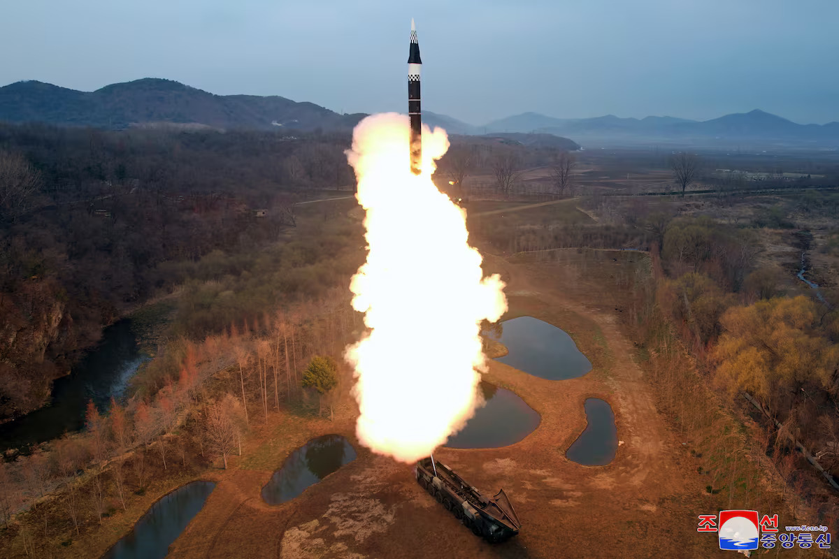 A missile is launched, as state media reports the Democratic People's Republic of Korea test-fired a new mid-to long-range solid-fuel hypersonic missile at an undisclosed location in the country on April 2, 2024, in this picture released by the Korean Central News Agency, DPRK, April 2, 2024. /Reuters